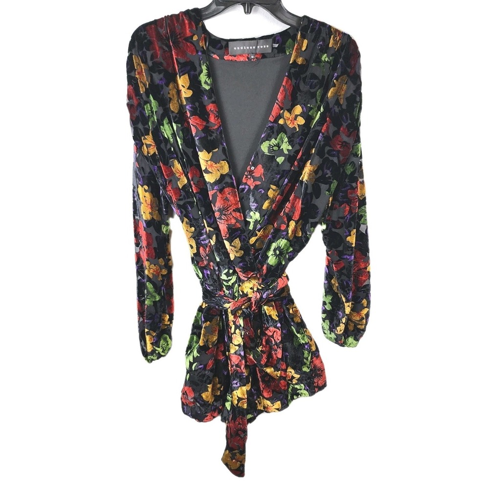 Endless Love Burnout Velvet Romper Womens Medium‎ Black Floral Belted Whimsigoth